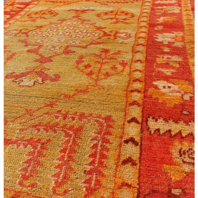 1910s Antique Turkish Oushak Rug With Willow Trees Design in Orange Red & Yellow-Green For Sale - Image 5 of 7