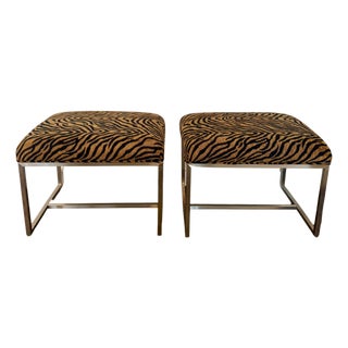 Pair of Ethan Allen Black & Gold Tiger-Print Ottoman Stools For Sale