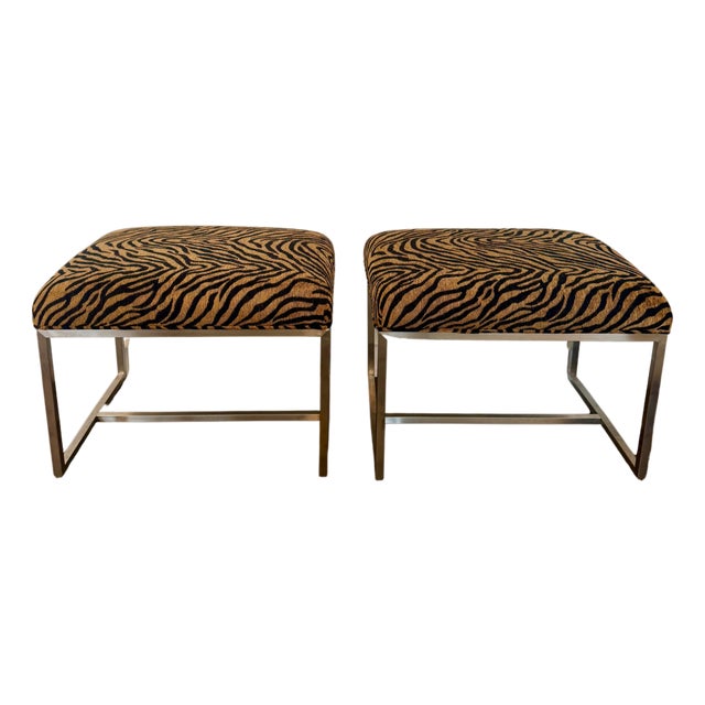 Pair of Ethan Allen Black & Gold Tiger-Print Ottoman Stools For Sale
