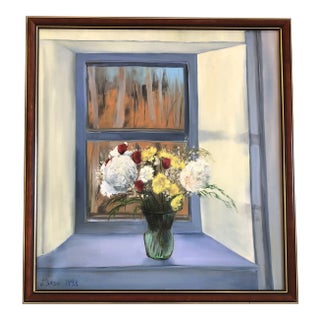 Original Vintage Still Life Painting With a View Signed For Sale
