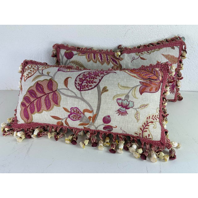 2020s Vibrant Botanical Tasseled Brocade Linen Lumbar Pillows/a Pair For Sale - Image 5 of 11