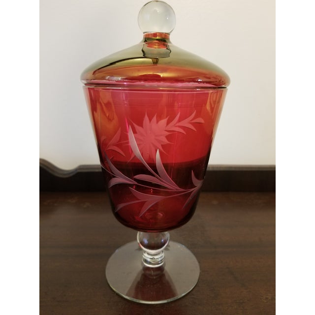 Ruby Red 1940s Bohemian Hand Blown Ruby Flashed Compote With Lid For Sale - Image 8 of 8