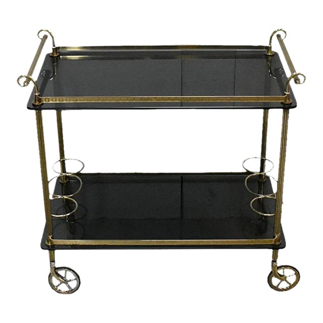 Rolling Brass & Smoked Glass Trolley, 1970s For Sale