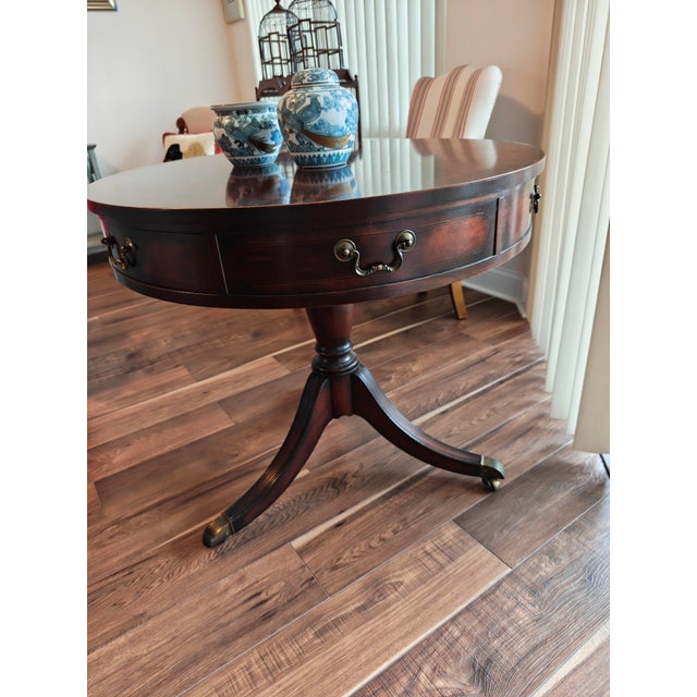 Wood Luxury Baker Furniture Regency Mahogany Drum Table With Brass Casters For Sale - Image 7 of 9