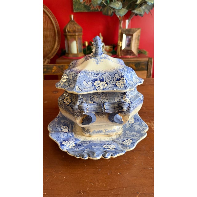 A Antique Blue Transfer Decorated Staffordshire Soup Tureen, With Underliner & Ladle, “Clarendon” Marked by John Ridgway,...