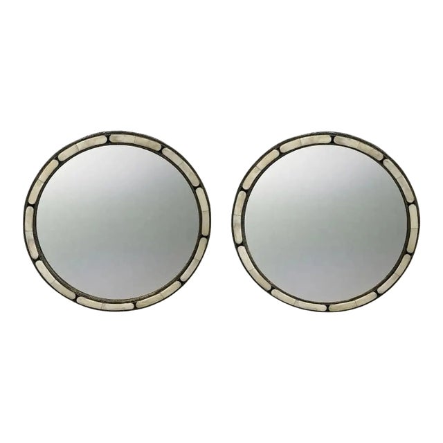 Art Deco Style Handmade White & Black With Brass Inlay Round Mirror, a Pair For Sale