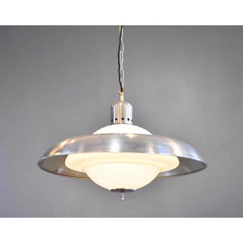 Atomic pendant light by siemens circa 1950s - chrome gallery - stepped opaline glass with acid etched bowl - steel shade -...