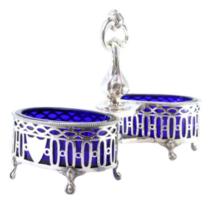 Silver and Blue Glass Salt and Pepper Shakers with Cut-Outs and Claw-Shaped Feet, Set of 3