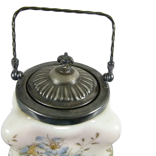 Cream Late 19th Century Wavecrest Opal Ware Biscuit Jar by c.f. Monroe Hand Painted Floral Design With Silver Plated Handled Lid For Sale - Image 8 of 11
