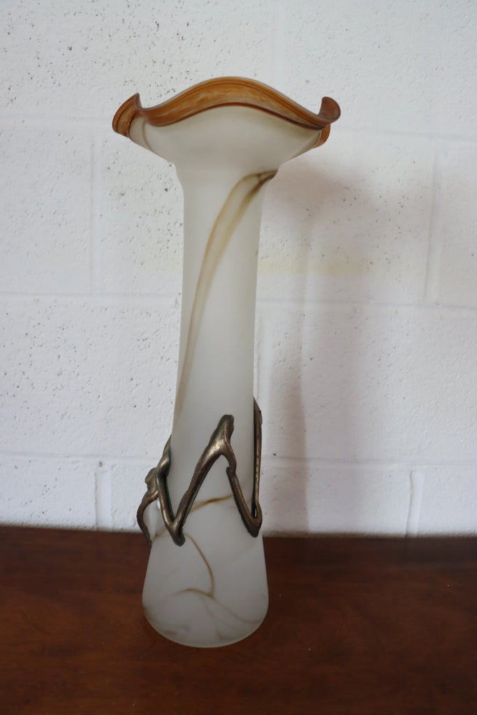 Filip Ravert Style Romania Romblast Art Glass Pitcher With Bronze