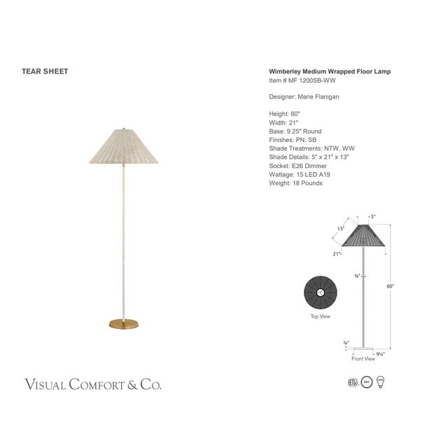 Marie Flanigan by Visual Comfort Signature Wimberley Medium Wrapped Floor Lamp in Soft Brass with White Wicker Shade...