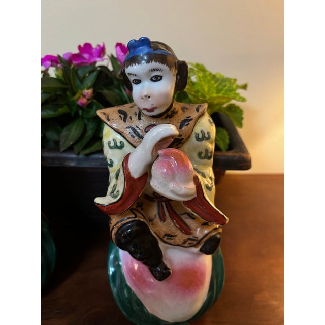 Mid-20th Century Chinoiserie Porcelain Monkey & Longevity Peach Figurines - Pair For Sale - Image 10 of 13