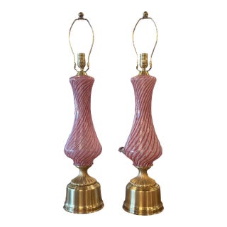 Vintage Pair Dino Martens Murano Pink Swirl Glass & Brass Table Lamps Restored For Sale