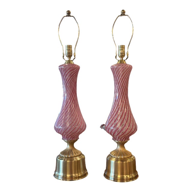Vintage Pair Dino Martens Murano Pink Swirl Glass & Brass Table Lamps Restored For Sale