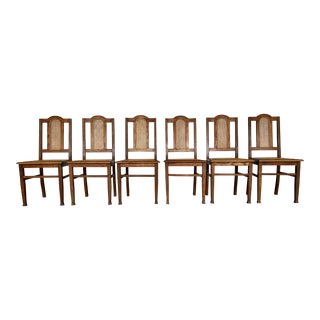 Vintage Set of 6 French Oak Cane Dining Chairs For Sale