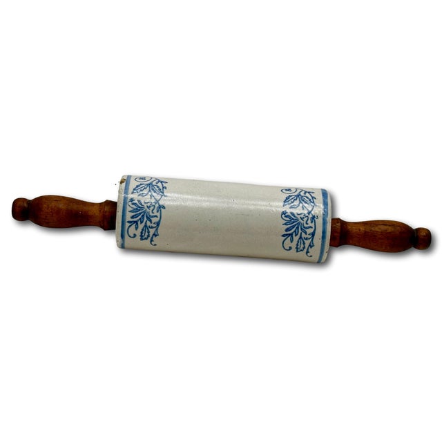 Unusual Antique American Wood Handle Stoneware Kitchen Rolling Pin With 4 Blue Wildflower Decorations For Sale - Image 13 of 16