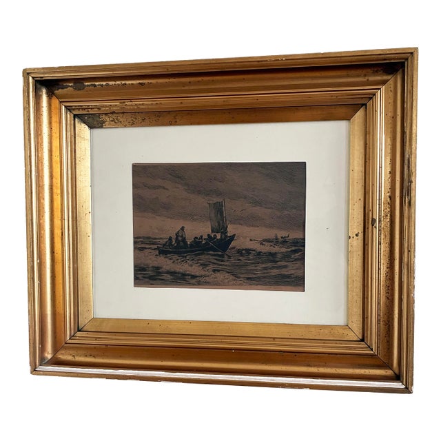 Antique Original Sailing Boat Etching, Signed Nautical Wall Art, 1900 For Sale