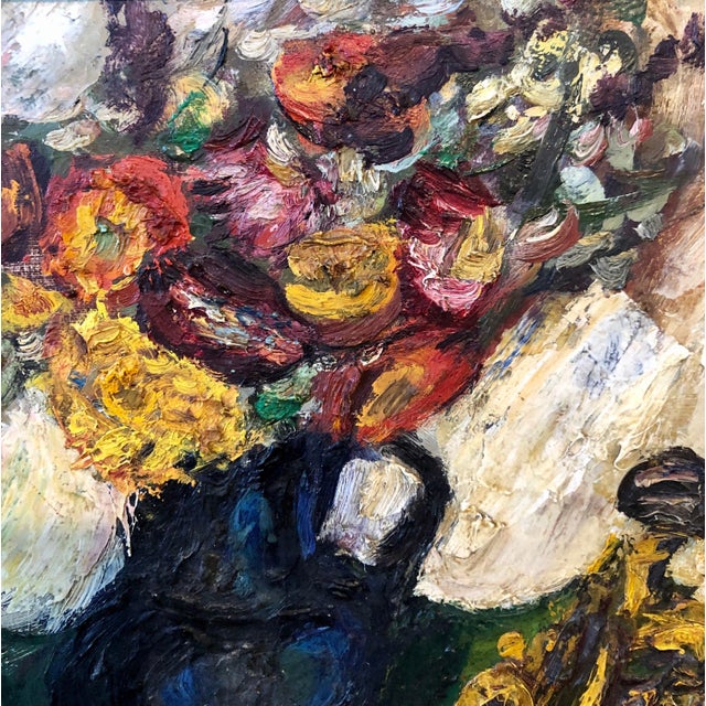 Herbert Katzman, 1950's Expressionist Interior Oil Painting Still Life with Flowers and Trumpet, 1946 For Sale In Miami - Image 6 of 10