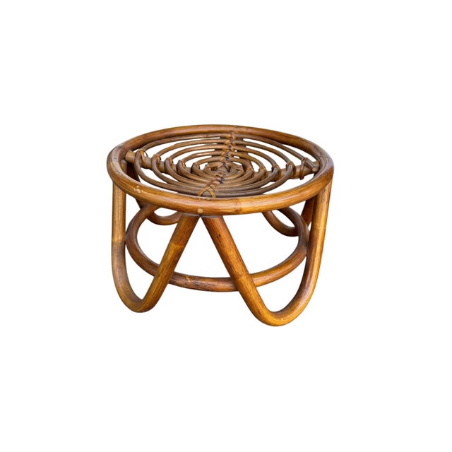 Mid-Century Modern Vintage 1970s Rattan Round Ottoman — Woven Boho Foot Stool For Sale - Image 3 of 10