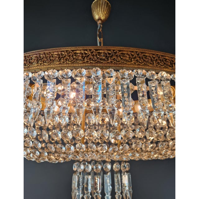Brass Antique Oval Flush Mount Chandelier Brass Crystal Ceiling Light Restored Gold For Sale - Image 8 of 10