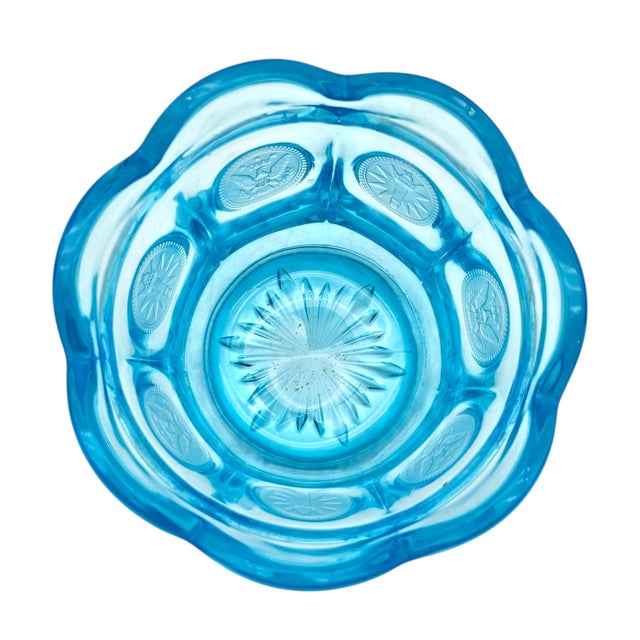 Fostoria Aqua Ice Blue Coin Glass Covered Candy Jar With Finial Lid For Sale - Image 9 of 13