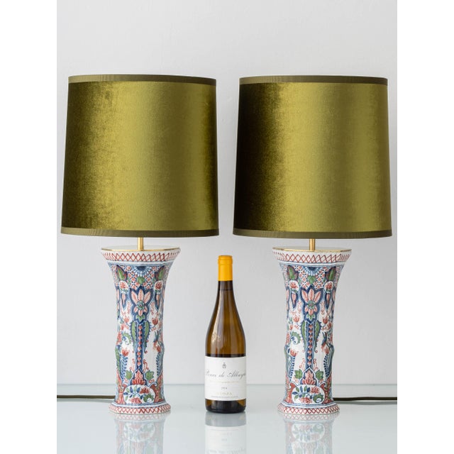 Pair of royal tichelaar makkum (model 495) hand-painted polychrome delft ceramic table lamps, newly wired for u.s. Use,...