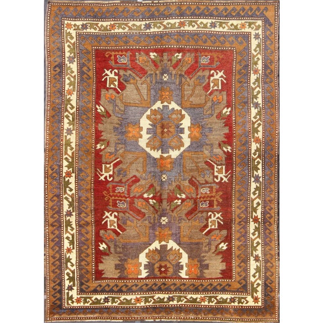 Textile Mid 20th Century Large Turkish Vintage Oushak Rug With Medallions in Red, Taupe, Olive and Gray For Sale - Image 7 of 7