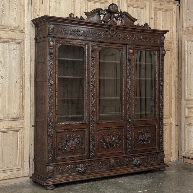 19th Century Renaissance Revival Hand-Carved Oak Triple Bookcase For Sale - Image 4 of 18