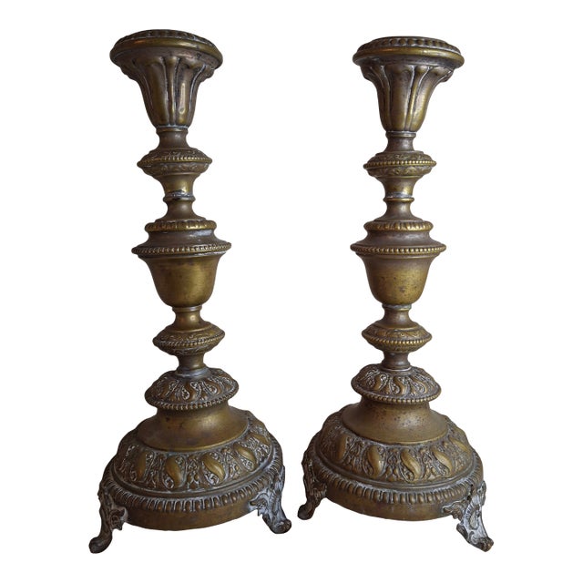 Antique Warsaw Brass Shabbat Candlesticks, 14" Polish Sabbath 19th Century Pair For Sale