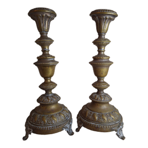 Antique Warsaw Brass Shabbat Candlesticks, 14" Polish Sabbath 19th Century Pair
