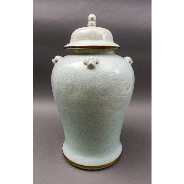 Maitland - Smith Mid 20th Century Maitland Smith Celadon Crackle Glazed Porcelain Foo Dogs Large Lidded Ginger Jar For Sale - Image 4 of 10