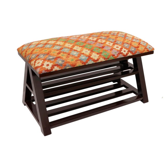 Geometric Kilim Upholstered Handmade Wood Storage Bench For Sale - Image 10 of 11