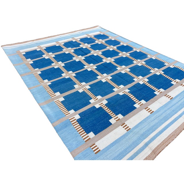Textile Handmade Cotton Geometric Area Rug, Sky Blue, Cream, Beige and Tan Dhurrie-8'x10' For Sale - Image 7 of 12