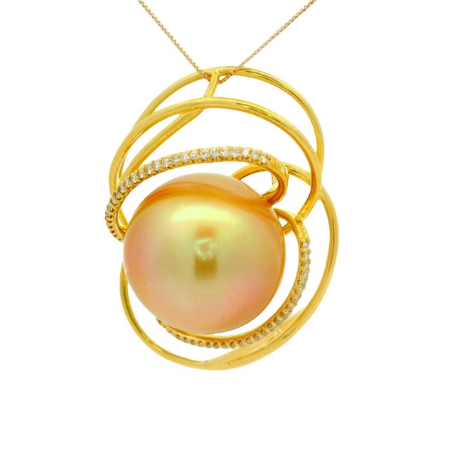 Contemporary 18mm Golden South Sea Pearl Diamond 18k Yellow Gold Orbital Pendant Chain For Sale - Image 3 of 7