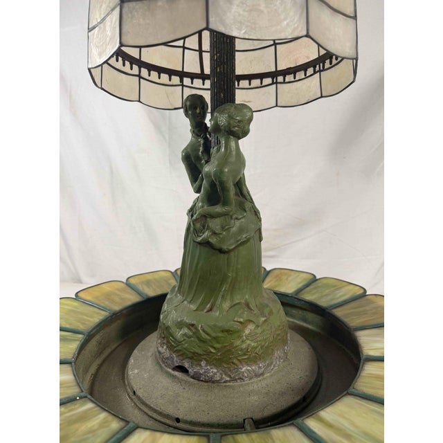 1920s 1920s Art Deco Figural Re-Circulating Fountain Lamp - Working Verdigris Spelter Sculpture & Iridescent Natural Capiz Shell Dome Shade For Sale - Image 5 of 14