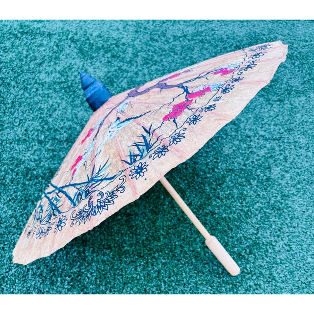Vintage Asian Rice Paper Parasol Umbrella Hand Painted Floral Bamboo Antique Art For Sale - Image 4 of 6