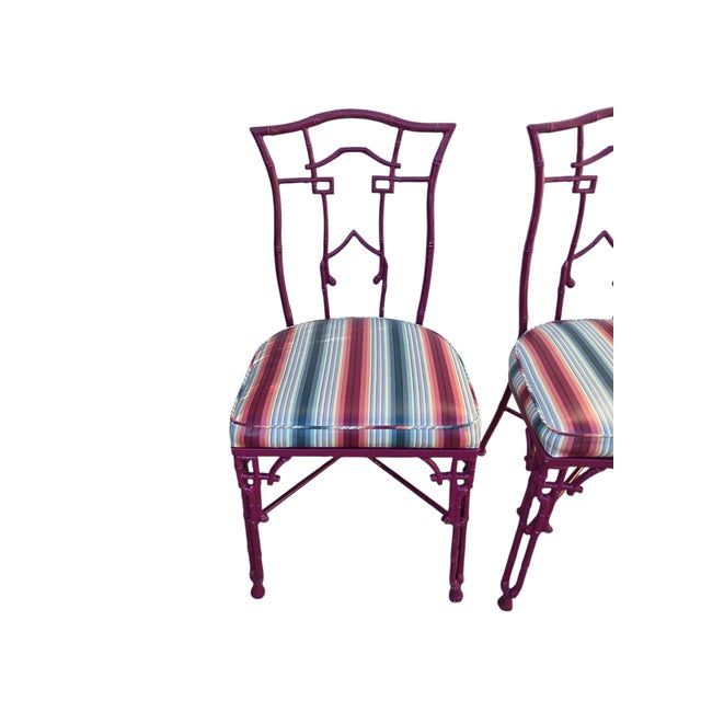 2 Vintage Chinese Chippendale Regency Side Chairs Dining Aluminum Faux Bamboo For Sale - Image 4 of 14