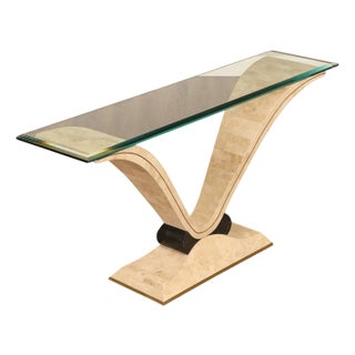 Postmodern Glass Top Travertine Console Table For Sale