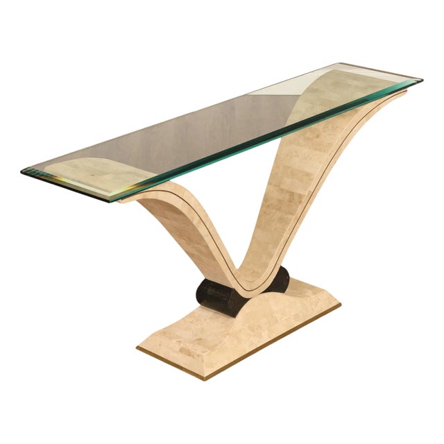 Postmodern Glass Top Travertine Console Table For Sale