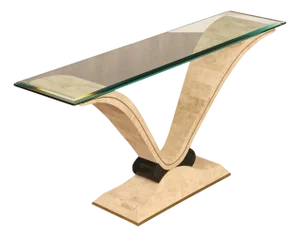 Postmodern Glass Top Travertine Console Table