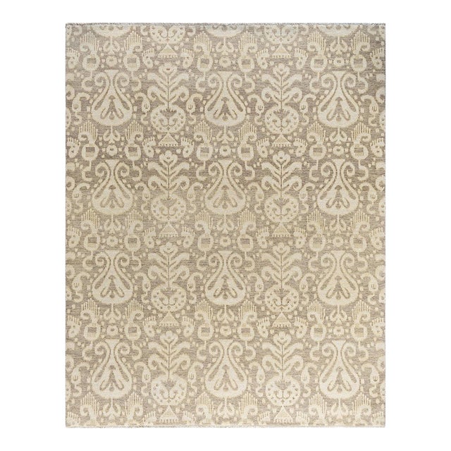 Ikat, One-of-a-Kind Hand-Knotted Area Rug - Gray, 8' 2" x 10' 2" For Sale
