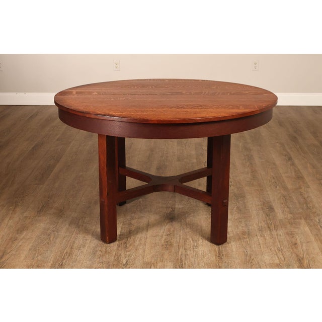Antique L&JG Stickley Round Extendable Mission Oak Dining Table For Sale - Image 13 of 18