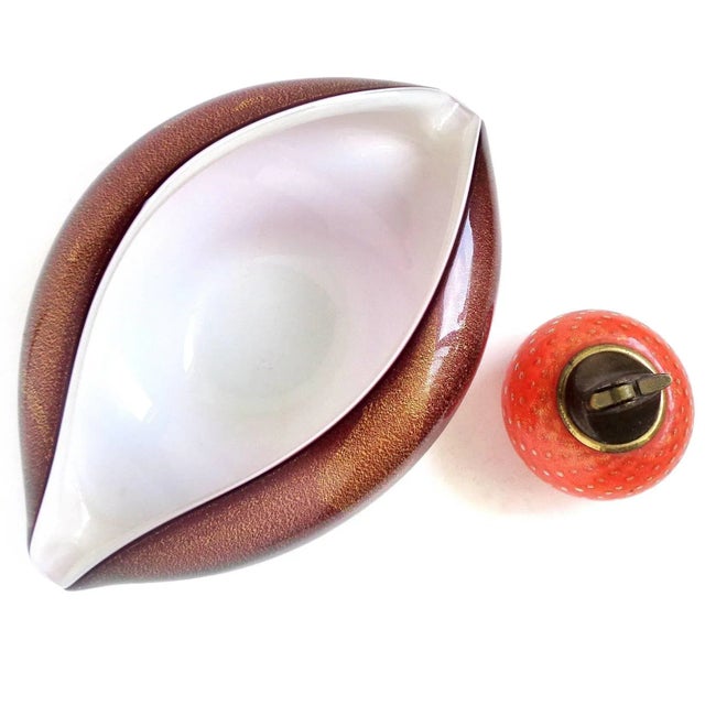 Beautiful large vintage Murano hand blown burgundy red, white and gold flecks Italian art glass clam shell shaped bowl. In...