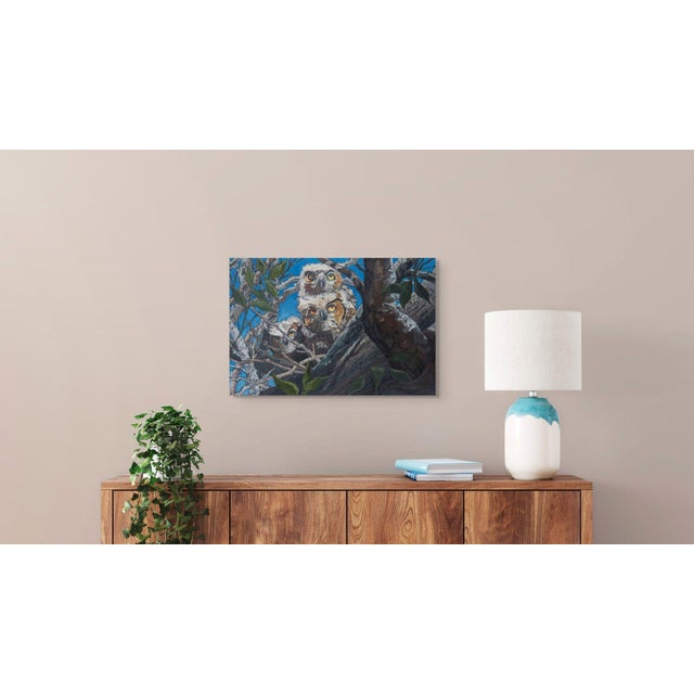 Early 21st Century The Disciples by Deb Komitor | Oil on cradleboard Three owls perched on a tree branch. For Sale - Image 5 of 5