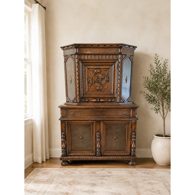 Brown Renaissance Revival Style Carved Cabinet With Diamond Inlay For Sale - Image 8 of 9