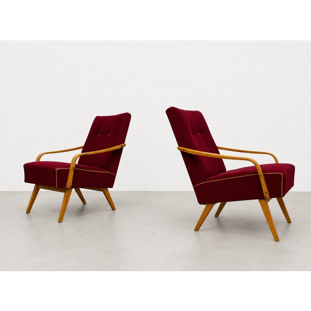 Raspberry Red Pair - Mid Century Modern Lounge Chairs by Jaroslav Smidek, Made in Czechoslavakia, C. 1960s For Sale - Image 8 of 15
