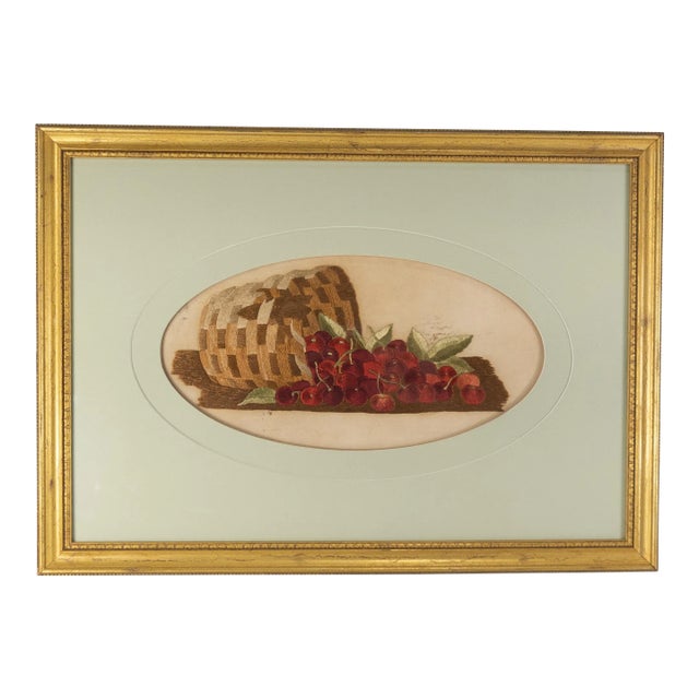 19th Century American Folk Art Americana Needlework Embroidery of Cherries For Sale