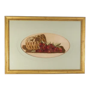 19th Century American Folk Art Americana Needlework Embroidery of Cherries