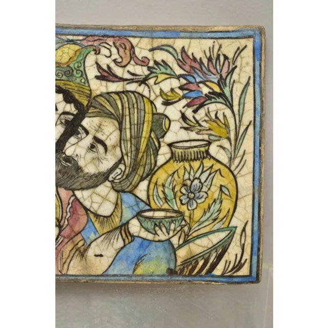 Early 20th Century Antique Persian Iznik Qajar Style Ceramic Pottery Tile Bearded Man and Woman C2 For Sale - Image 5 of 10