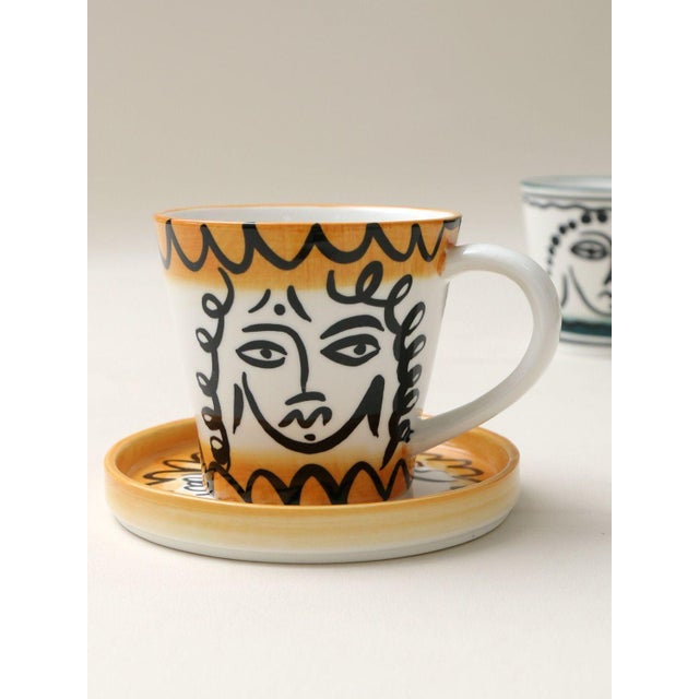 Abstract Face Ceramic Coffee Cup and Saucer Set of 2 - 4 pcs For Sale - Image 4 of 7